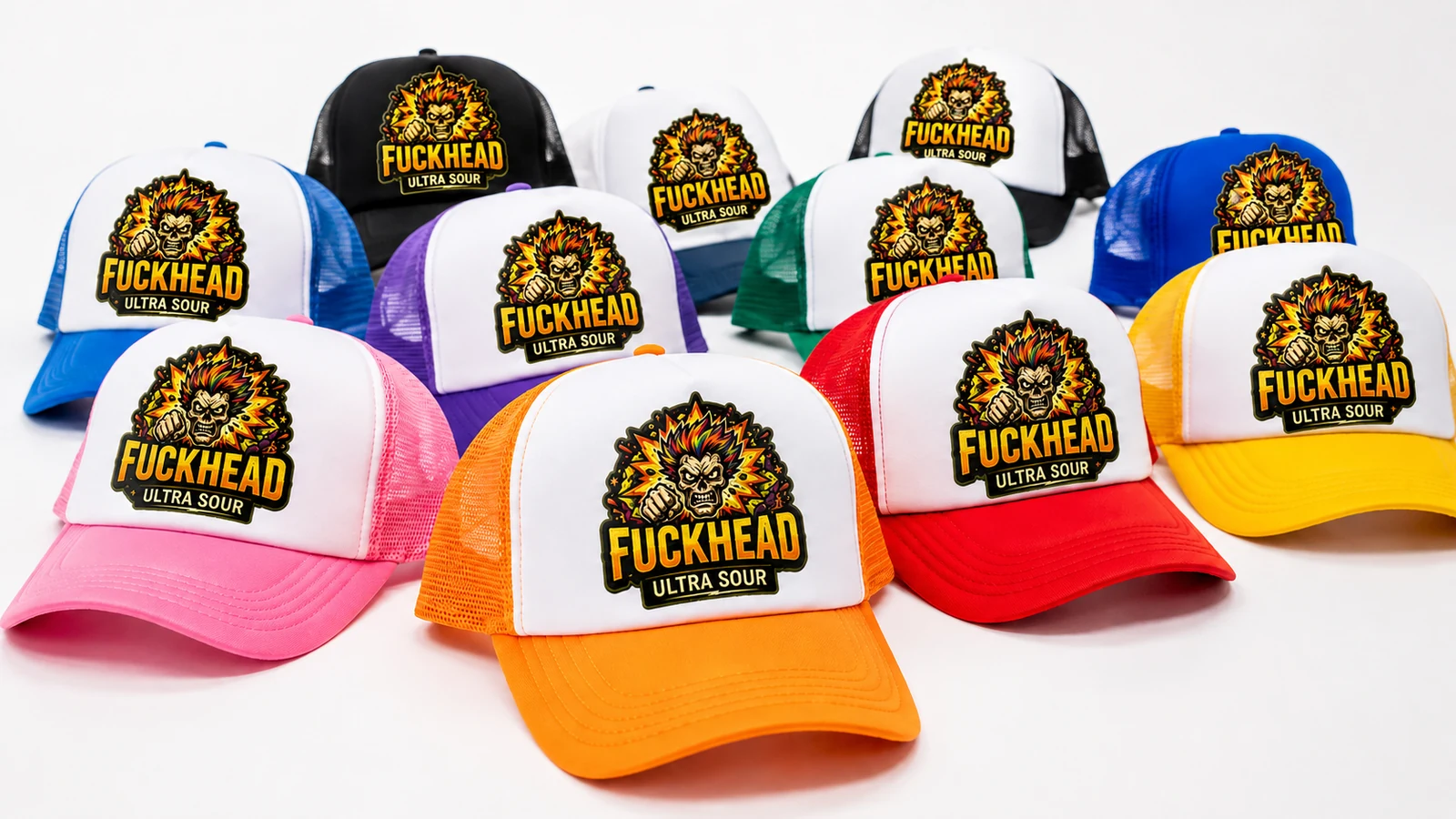 Colourful FUCKHEAD branded hats